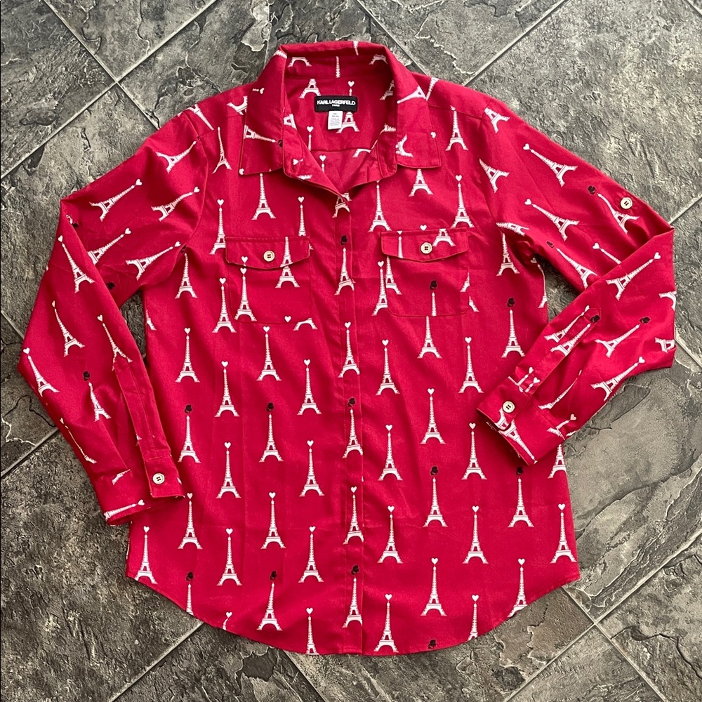 KARL LAGERFELD Red Eiffel Tower Heart Pattern Preppy Office Whimsical Fun Blouse
